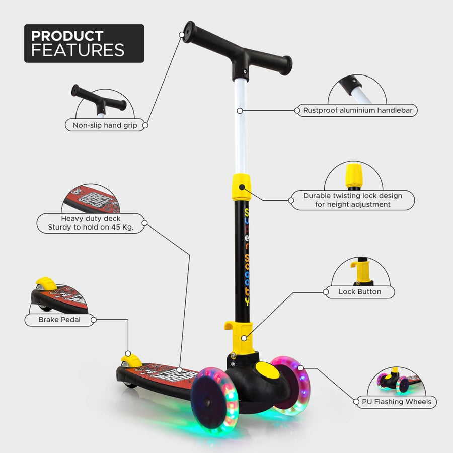 Super Scooter for Kids – 3-Wheel Foldable Kick Scooter with Height-Adjustable Handlebar, Extra-Wide LED PU Wheels & Rear Brake | Smart Ride-On Skate Scooter for Boys & Girls Ages 3–8