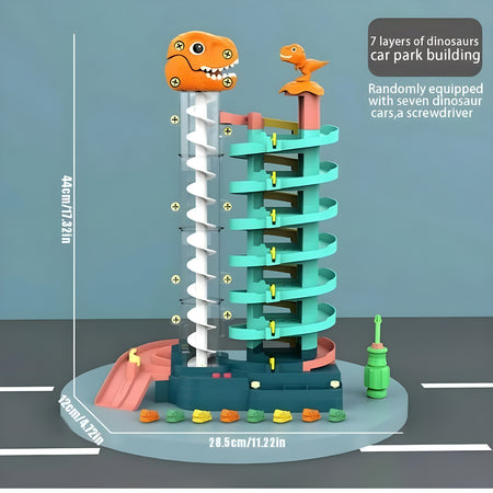 Dinosaur Parking Lot Toy Set – 7-Level Spiral Track with 7 Cars & Lights