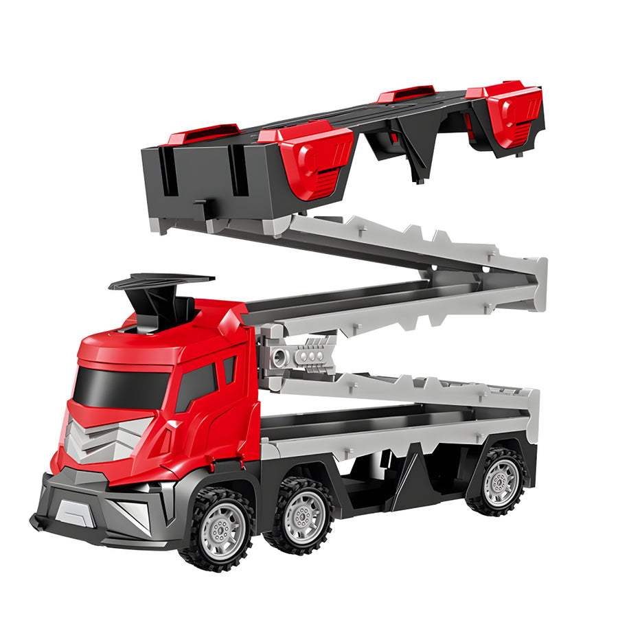 Mega Hauler Truck with Ejection Race Track – Convertible Transport Truck Toy with Cars, Launcher & Racing Track for Kids