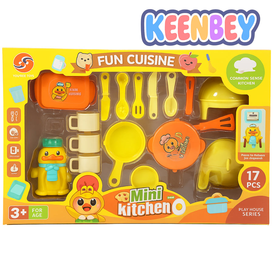 Mini Kitchen Duck Play Set – 17-Piece Pretend Cooking & Dining Toy Set with Water Dispenser, Table, Chairs & Utensils (Ages 3+)