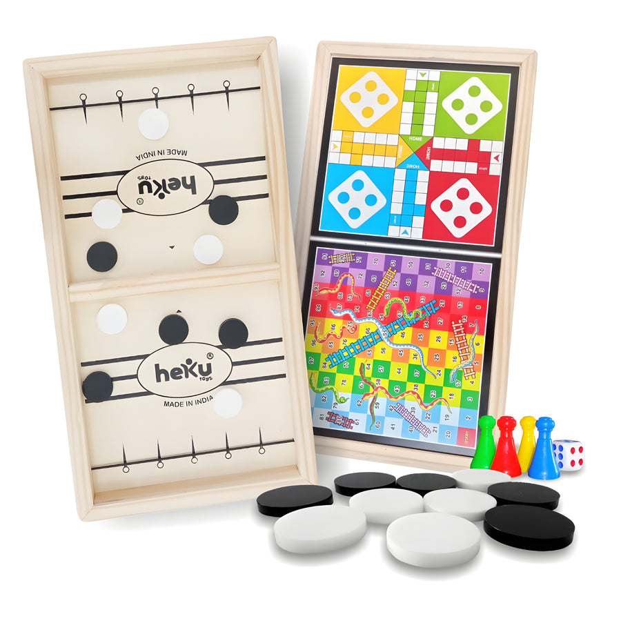 3-in-1 Wooden Board Game Set – Fast Sling Puck, Ludo & Snakes and Ladders with Coins & Dice for Kids and Family Fun