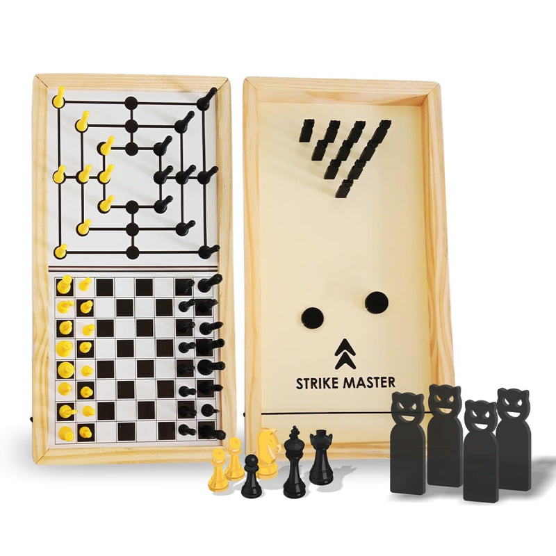 3-in-1 Chess Board Game Set – Strike Master, Nine Men’s Morris & Chess | Indoor Strategy Game for Kids & Adults