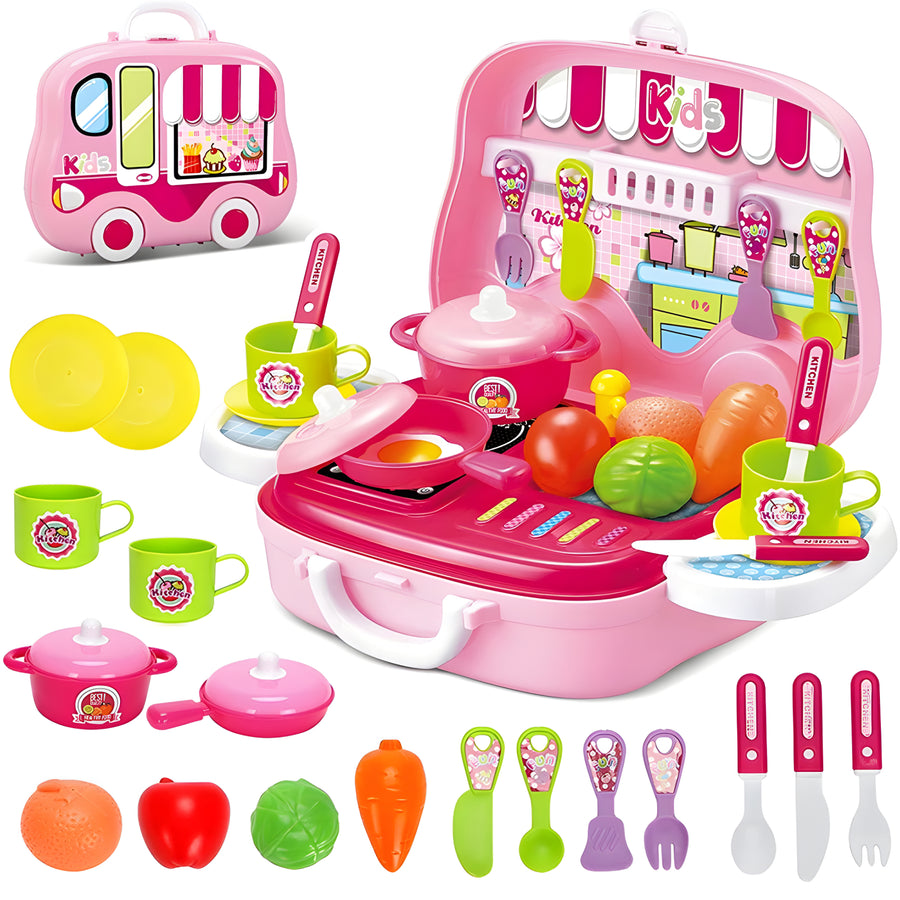 Kids Kitchen Playset with Carry Case – 26-Piece Pretend Cooking Toys for Boys & Girls – Role Play Chef Set for Toddlers and Children