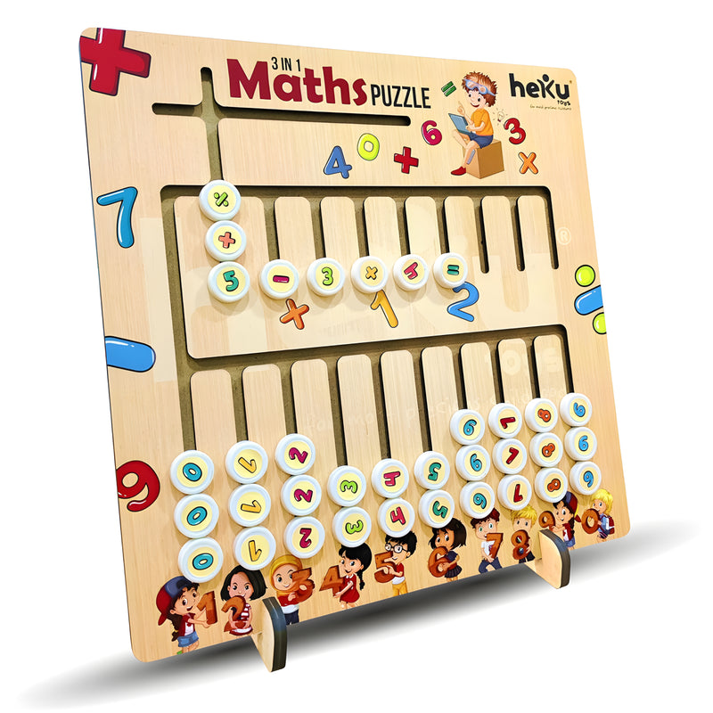 3-in-1 Wooden Maths Puzzle Board for Kids – Educational Learning Toy with Numbers, Symbols & Counting Discs – Montessori Style STEM Activity Game for Early Math Skills