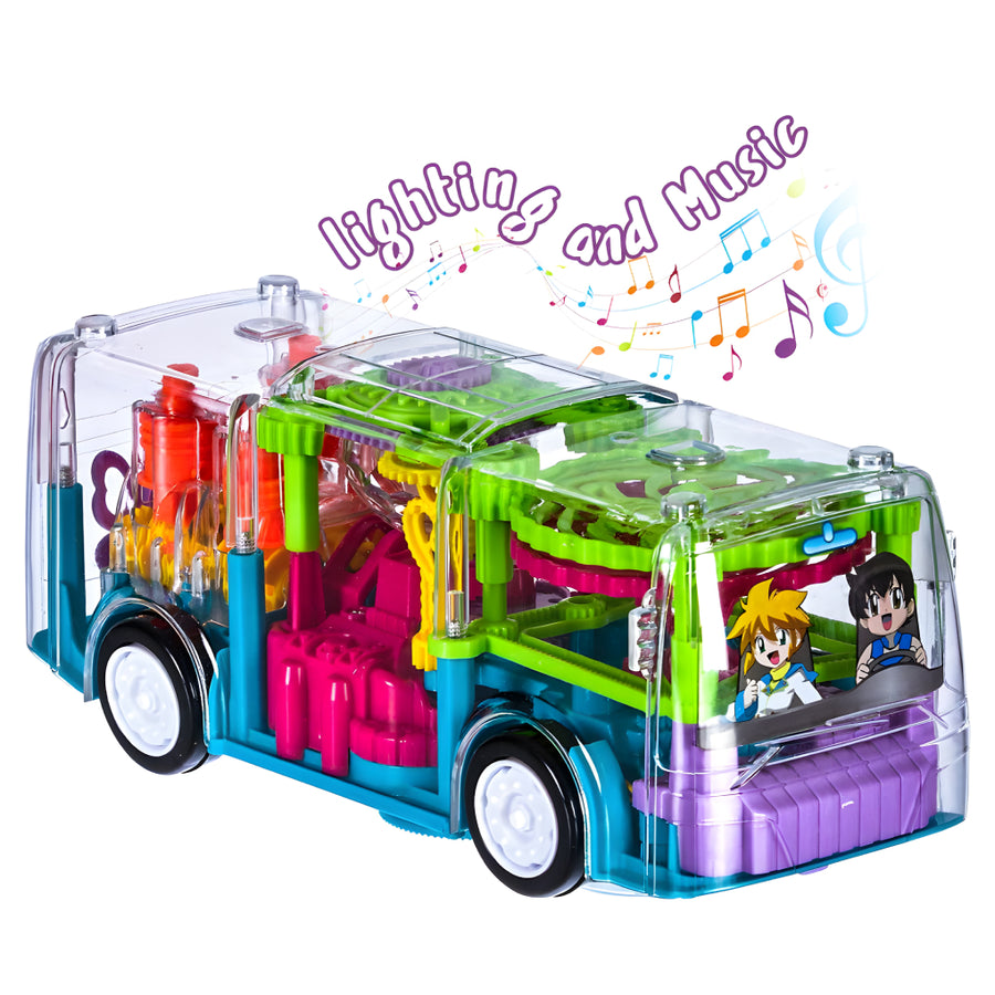 Musical Bus Transparent Concept 3D Light Bus Toy with 360 Degree Rotation, Bump & Go Gear Transparent Bus Toy with Light & Sound Effects Toys for Kids, Boys & Girls