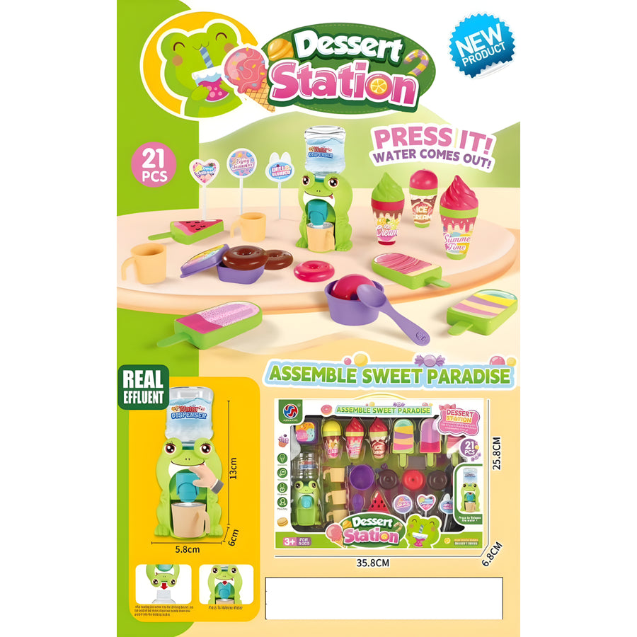 Dessert Station Sweet Paradise Playset – 21-Piece Pretend Play Ice Cream & Donut Toy Set with Water Dispenser for Kids