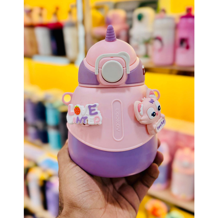 Kawaii Unicorn Kids Bottle with Straw & Strap | Cute 3D Cartoon Design | 500ml