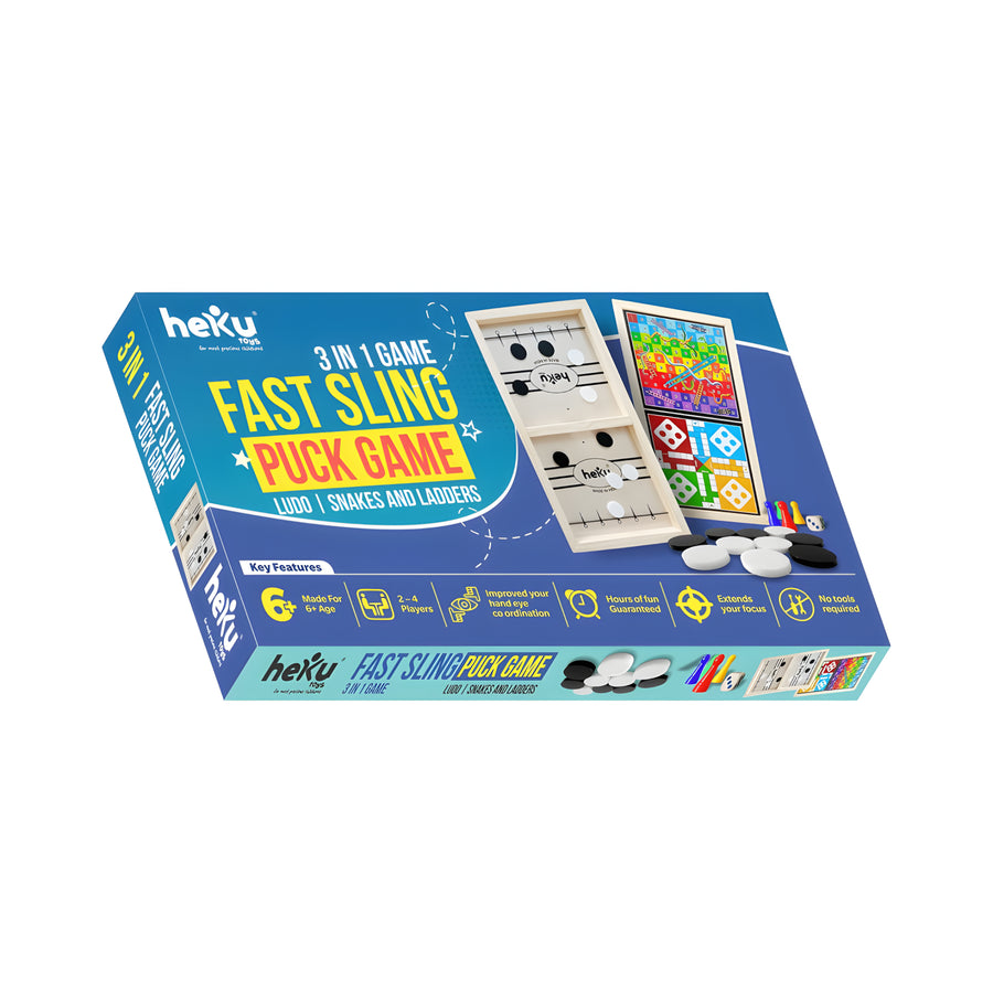 3-in-1 Wooden Board Game Set – Fast Sling Puck, Ludo & Snakes and Ladders with Coins & Dice for Kids and Family Fun