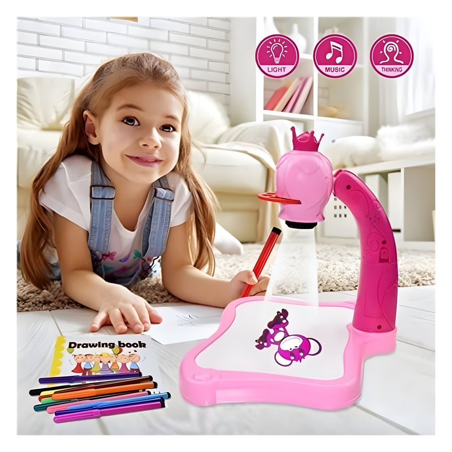 Kids Projector Drawing Table Set – Interactive Art & Tracing Toy with Lights, 24 Slide Patterns, Markers & Drawing Book