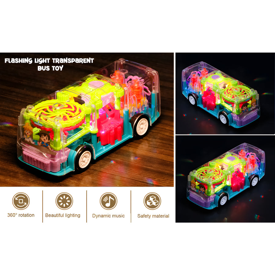 Musical Bus Transparent Concept 3D Light Bus Toy with 360 Degree Rotation, Bump & Go Gear Transparent Bus Toy with Light & Sound Effects Toys for Kids, Boys & Girls