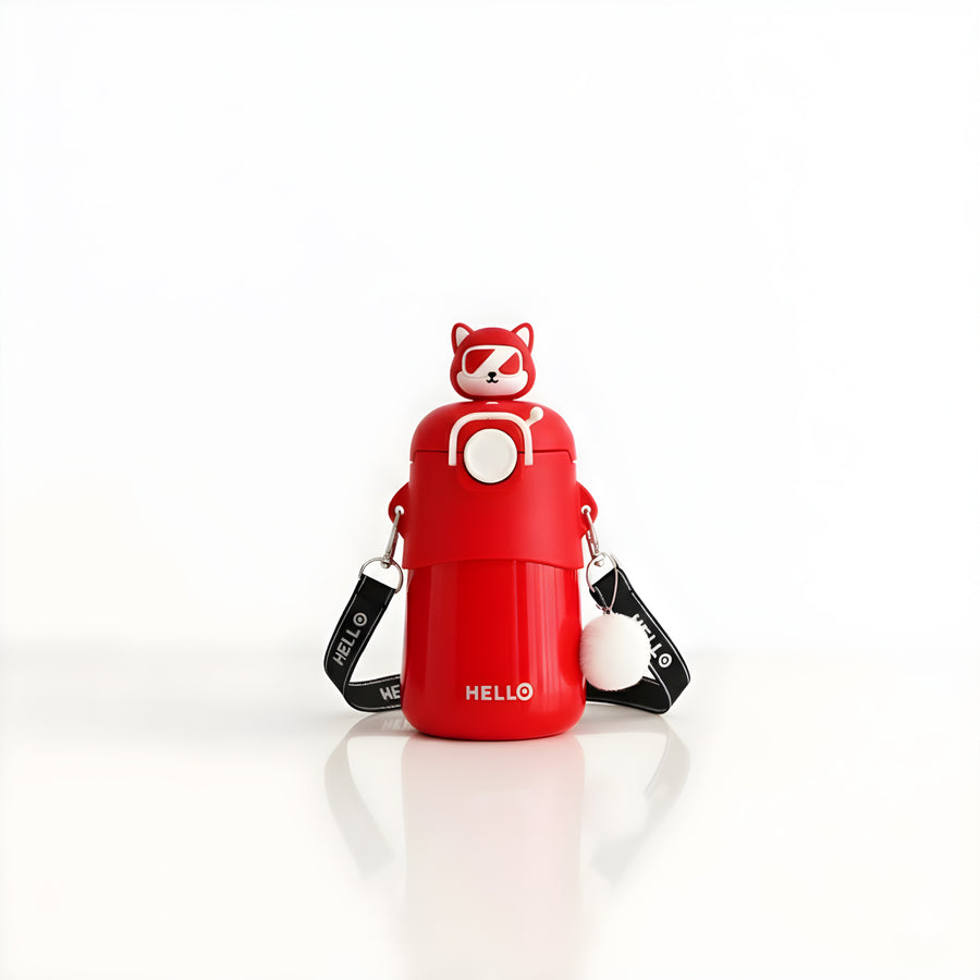 Stainless Steel Kawaii Bear Insulated Sipper for Kids | with Silicone Straw & Strap | Dual Sipper | 500ml