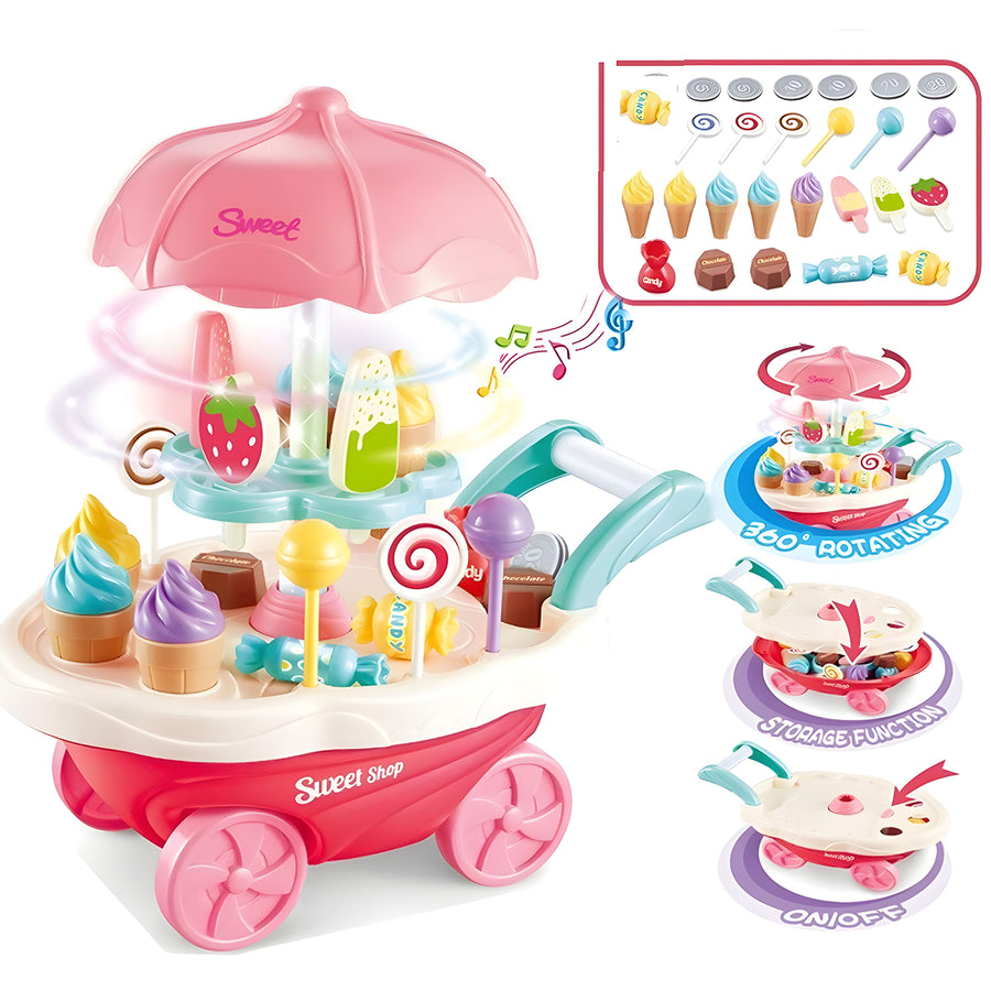 Sweet Cart Ice Cream Trolley Toy for Kids – 39 Accessories with Lights & Sound | Pretend Play Dessert Market Set