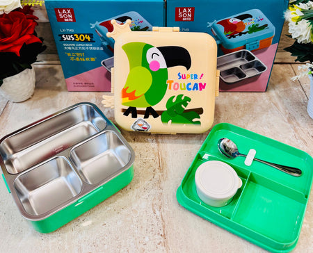 Toucan Insulated Steel Lunch Box - 3 Grids, 1120ml + 70ml with Steel Spoon & Small Container
