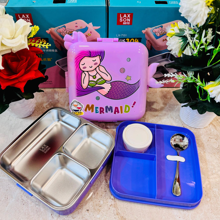 Mermaid Insulated Steel Lunch Box - 3 Grids, 1120ml + 70ml with Steel Spoon & Small Container