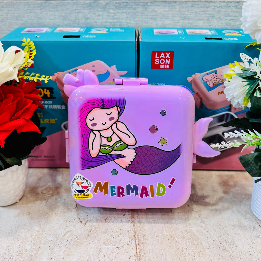 Mermaid Insulated Steel Lunch Box - 3 Grids, 1120ml + 70ml with Steel Spoon & Small Container