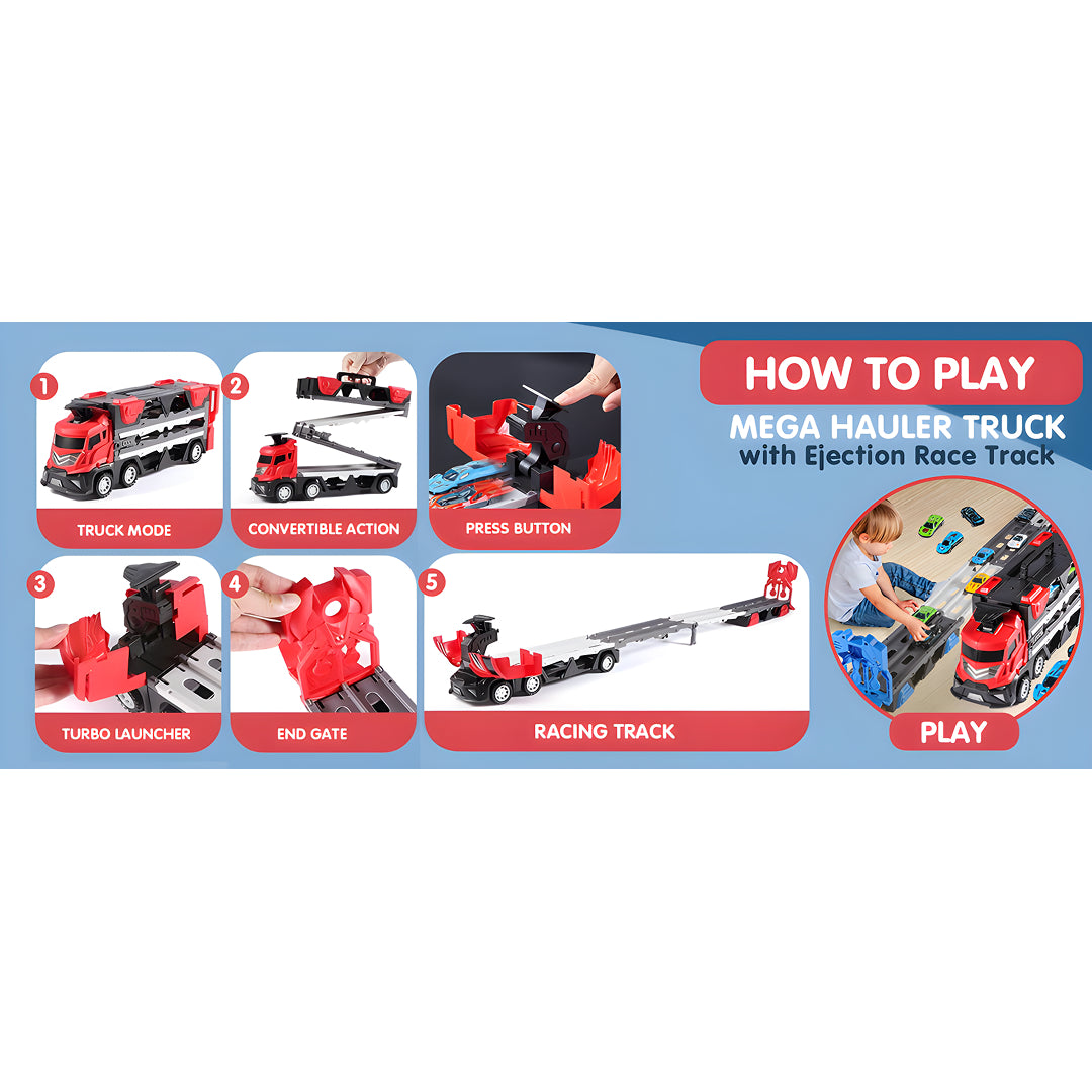 Mega Hauler Truck with Ejection Race Track – Convertible Transport Truck Toy with Cars, Launcher & Racing Track for Kids