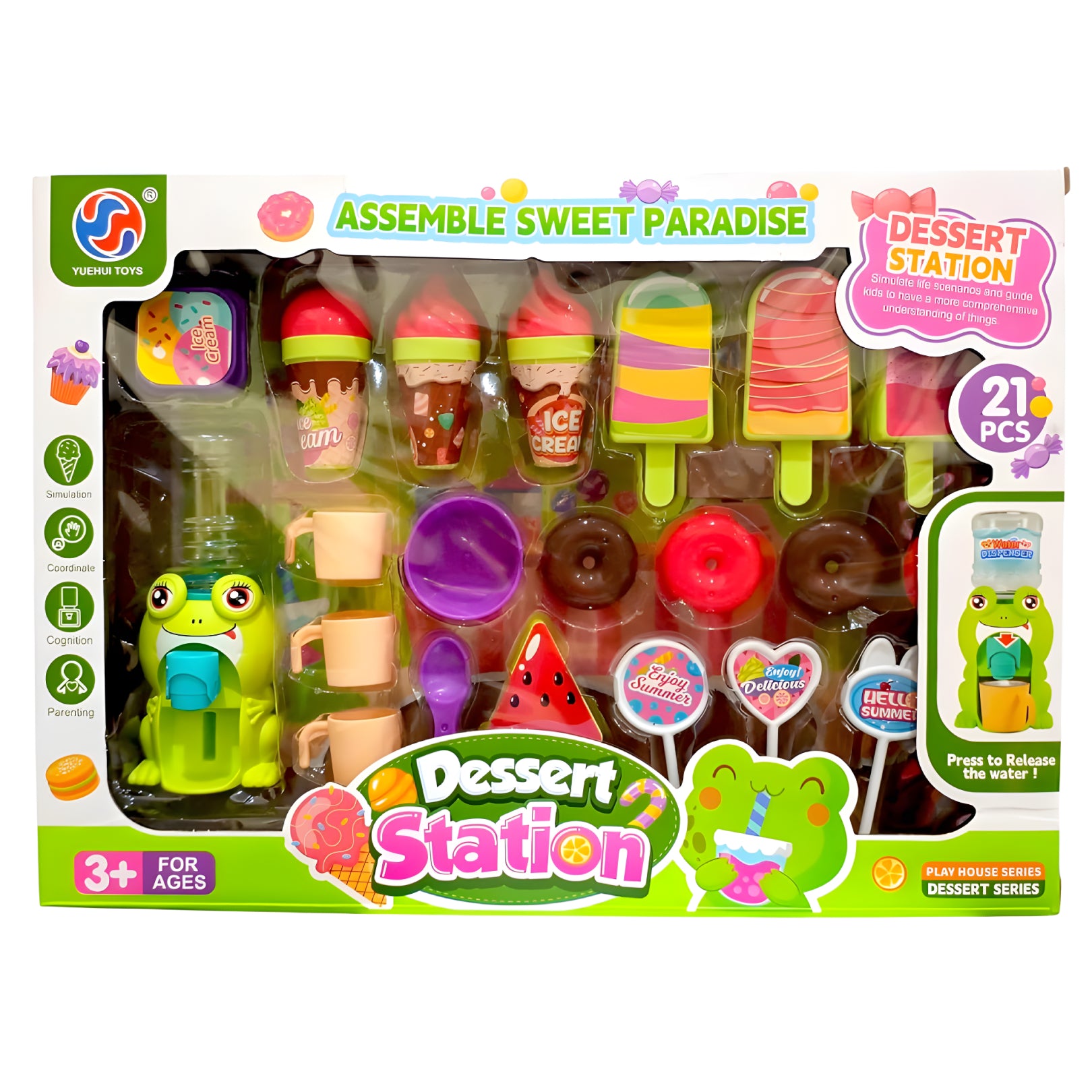 Dessert Station Sweet Paradise Playset – 21-Piece Pretend Play Ice Cream & Donut Toy Set with Water Dispenser for Kids
