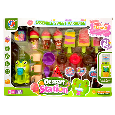 Dessert Station Sweet Paradise Playset – 21-Piece Pretend Play Ice Cream & Donut Toy Set with Water Dispenser for Kids