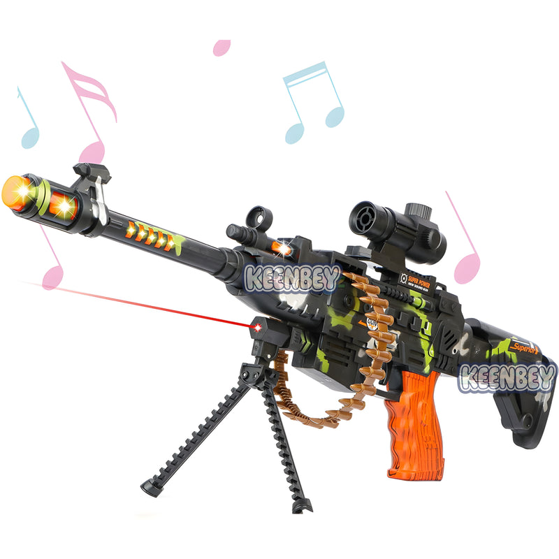 Musical Toy Machine Gun for Kids – LED Lights, Sounds, Removable Bullets, Retractable Barrel, Scope & Stand