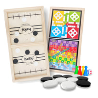 3-in-1 Wooden Board Game Set – Fast Sling Puck, Ludo & Snakes and Ladders with Coins & Dice for Kids and Family Fun
