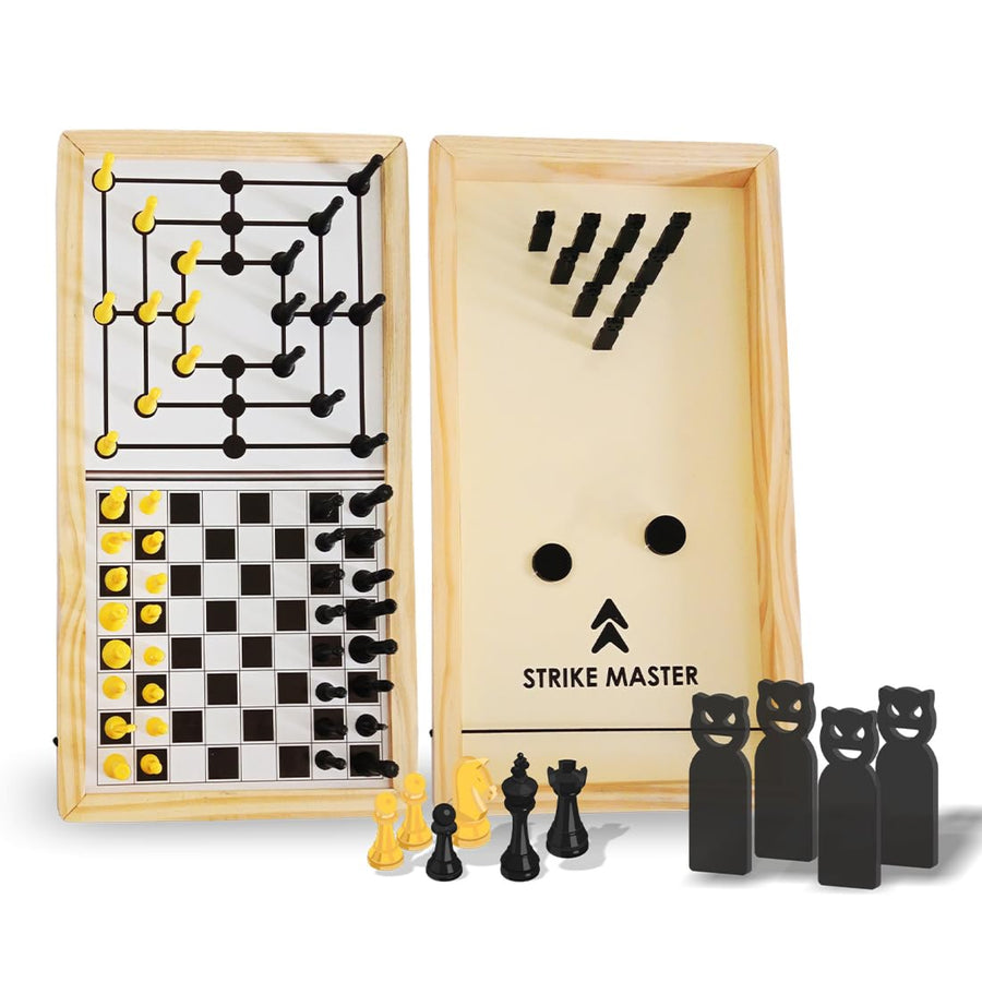 3-in-1 Chess Board Game Set – Strike Master, Nine Men’s Morris & Chess | Indoor Strategy Game for Kids & Adults