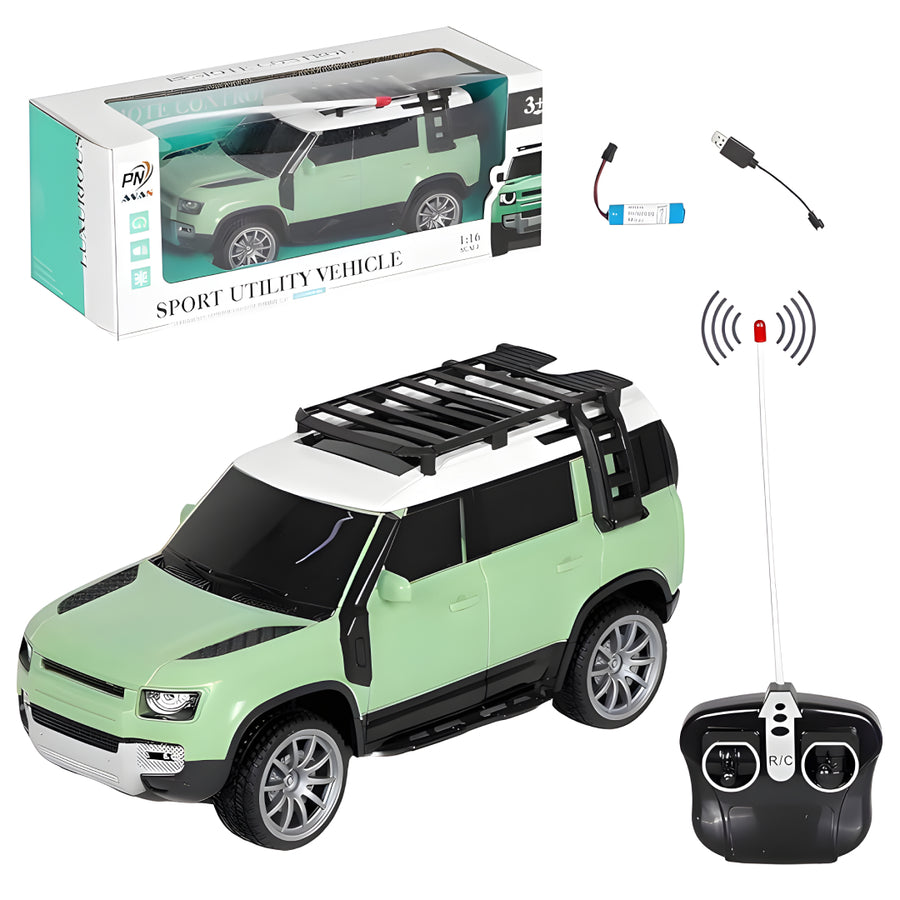 1:16 Scale High-Speed Remote Control SUV Car for Kids – Off-Road Sports Utility Vehicle with LED Lights, Multi-Directional Drive, Rechargeable Battery, and Realistic Defender Design