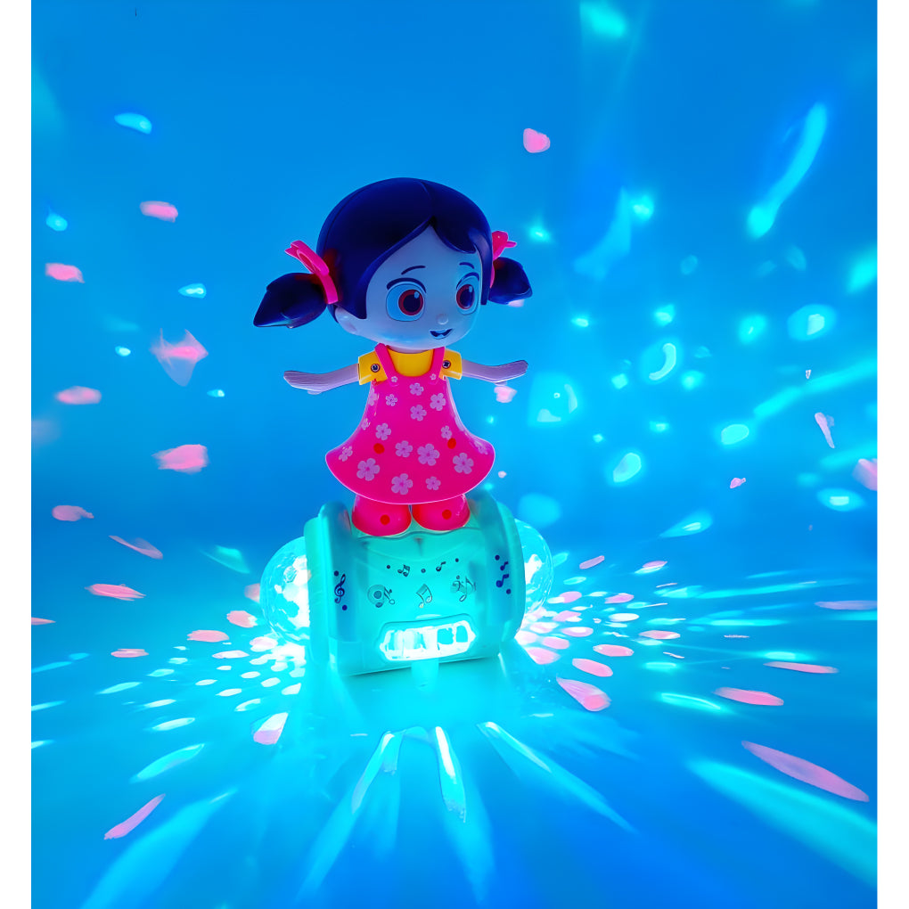 Fashion Girl Musical Dancing Doll Toy – 5D Lights, 360° Rotation, Music &amp; Bump-and-Go Action