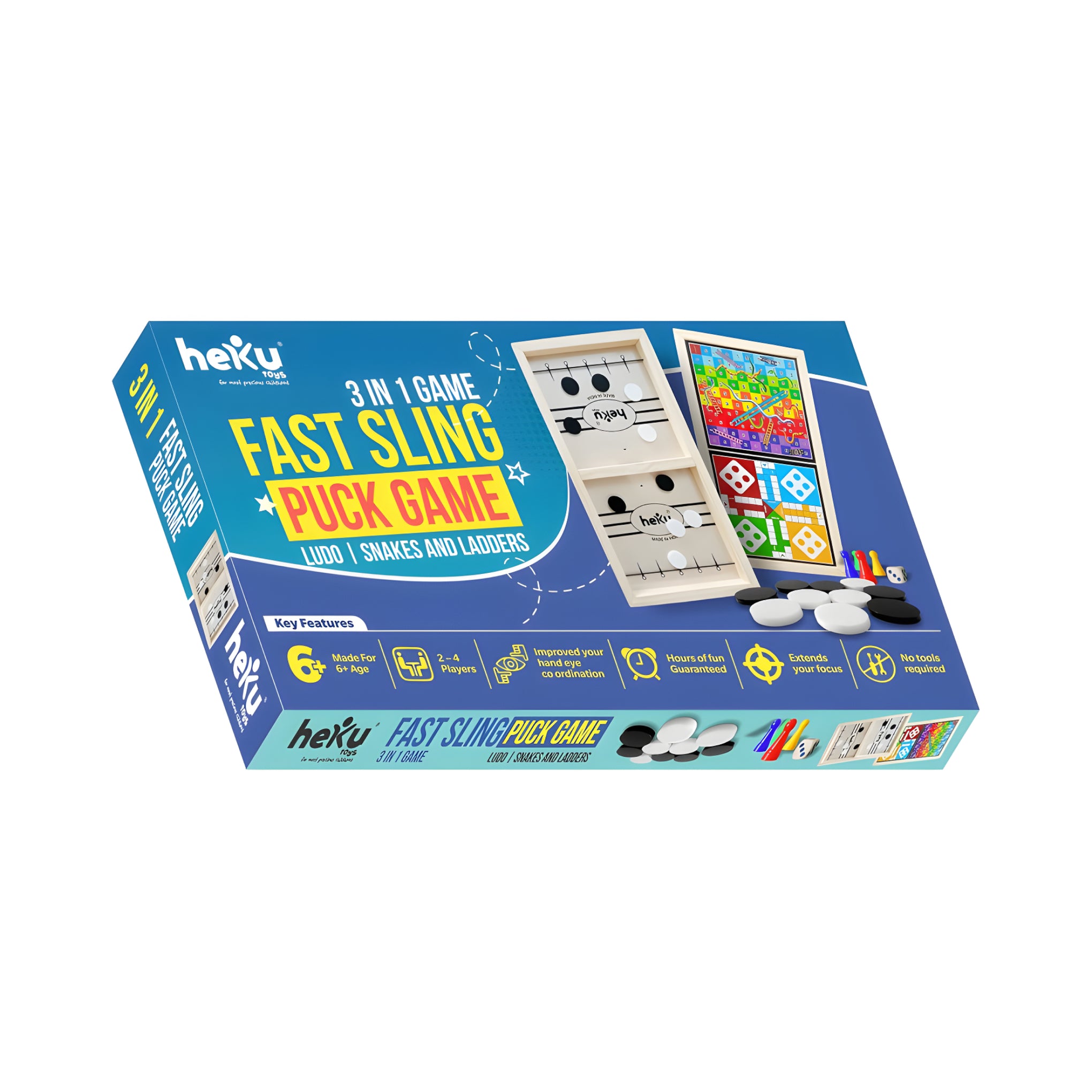 3-in-1 Wooden Board Game Set – Fast Sling Puck, Ludo & Snakes and Ladders with Coins & Dice for Kids and Family Fun