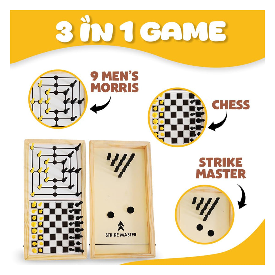 3-in-1 Chess Board Game Set – Strike Master, Nine Men’s Morris & Chess | Indoor Strategy Game for Kids & Adults