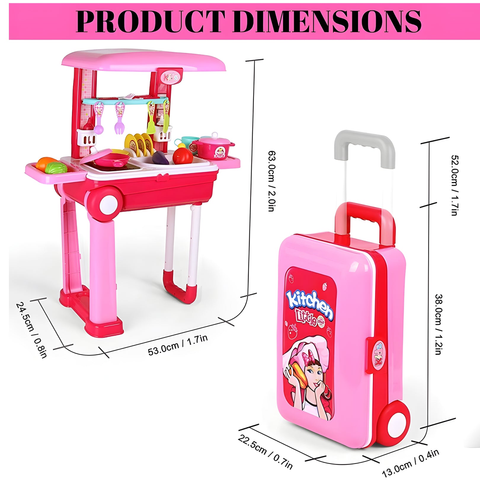 Portable Kitchen Suitcase Play Set for Girls – Colorful Pretend Cooking Toy with Wheels, Light & Sound | Ages 3+