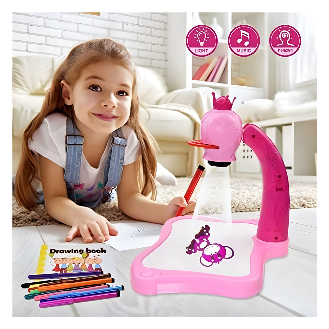 Kids Projector Drawing Table Set – Interactive Art & Tracing Toy with Lights, 24 Slide Patterns, Markers & Drawing Book