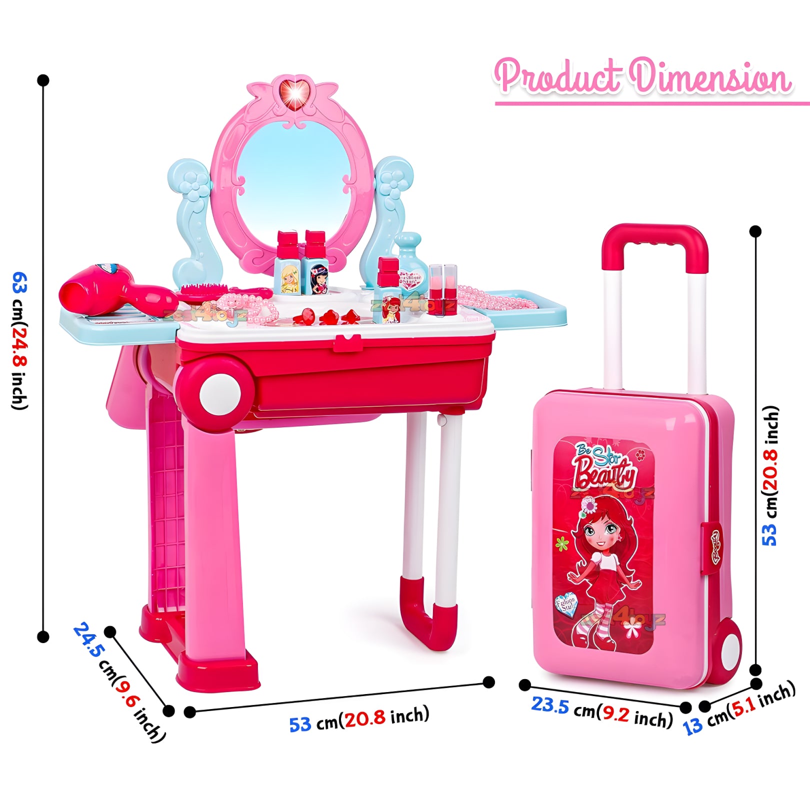 Beauty Makeup Kit for Girls – 2-in-1 Portable Vanity Trolley with 21 Accessories (Pink)