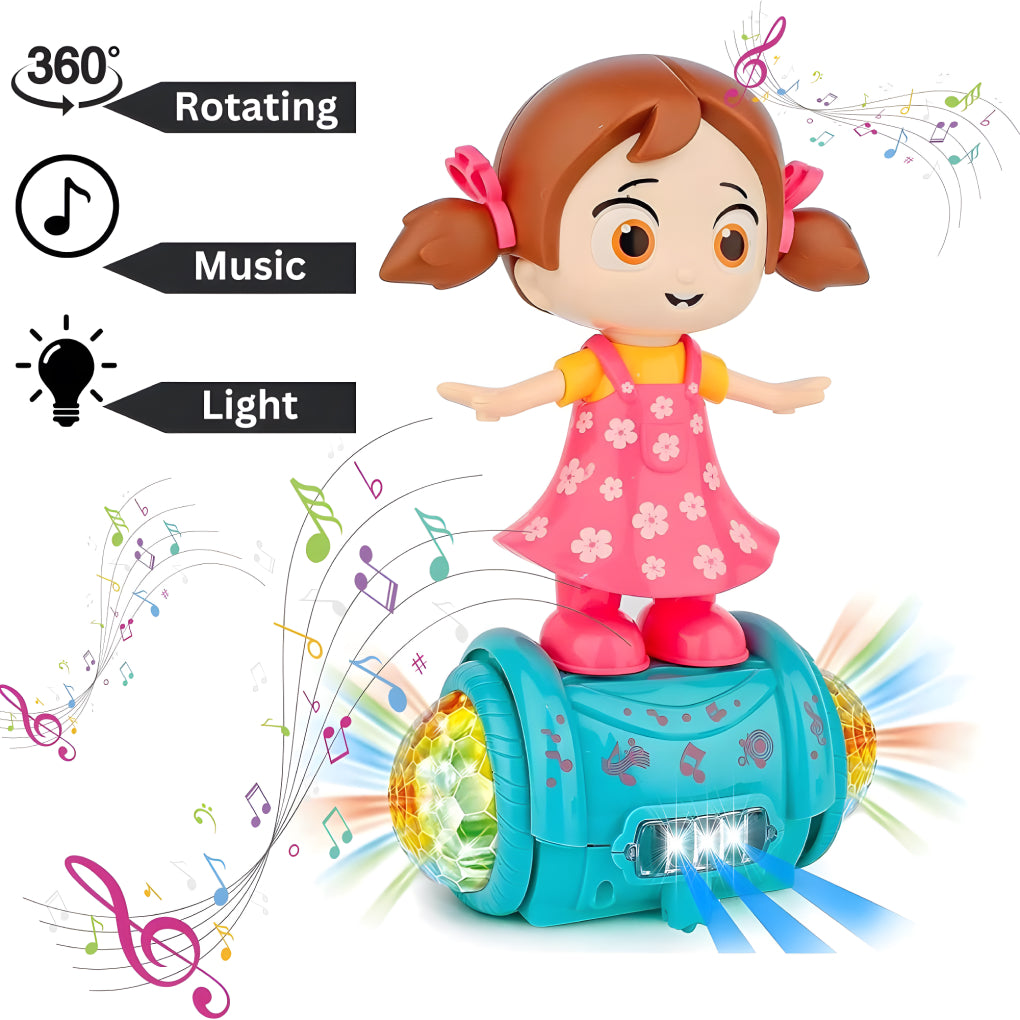 Fashion Girl Musical Dancing Doll Toy – 5D Lights, 360° Rotation, Music &amp; Bump-and-Go Action