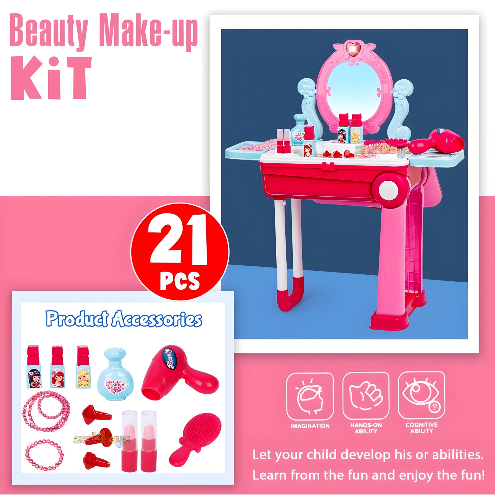 Beauty Makeup Kit for Girls – 2-in-1 Portable Vanity Trolley with 21 Accessories (Pink)
