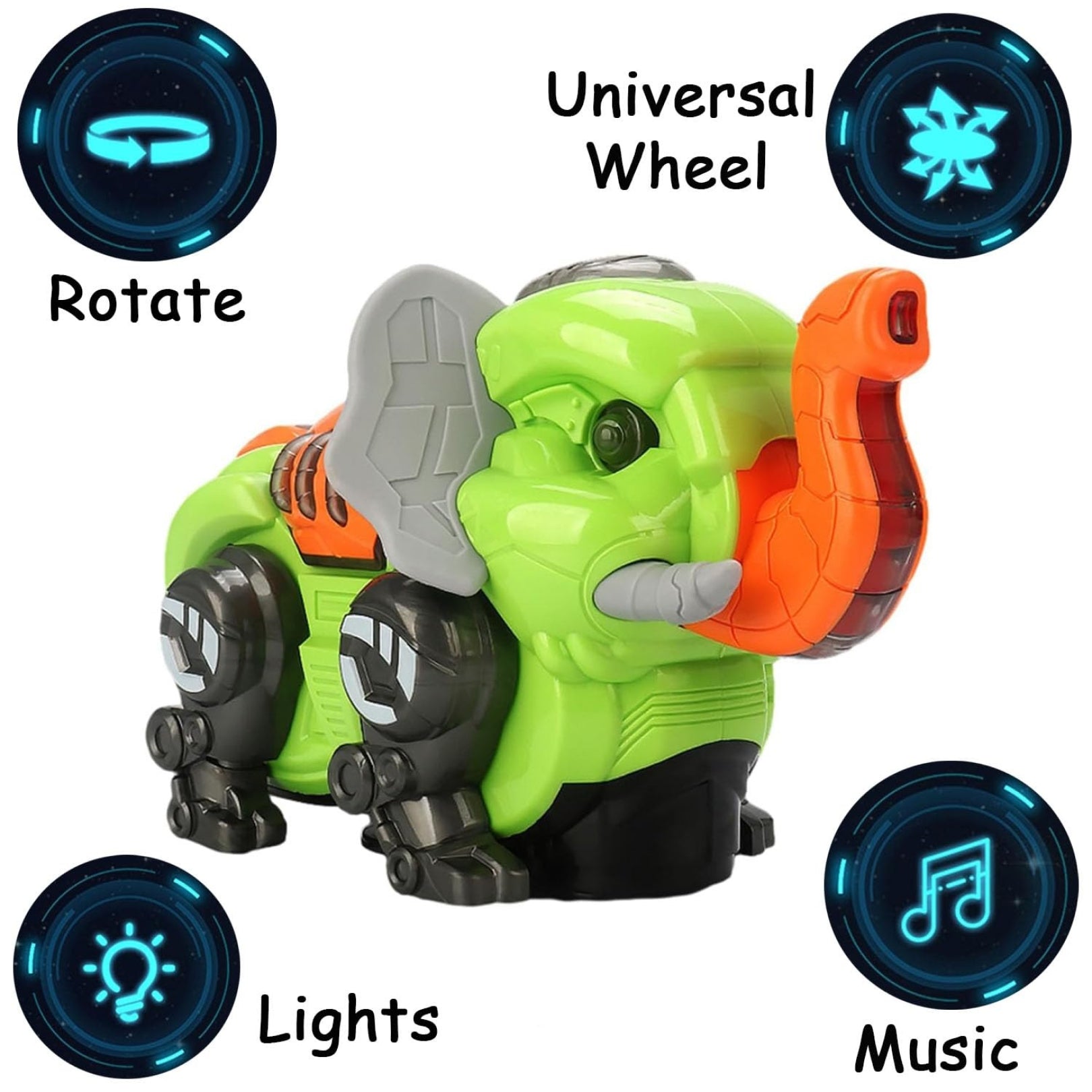 360° Rotating Mechanical Elephant Toy for Kids – Lights, Music & Universal Wheels (Ages 3+)