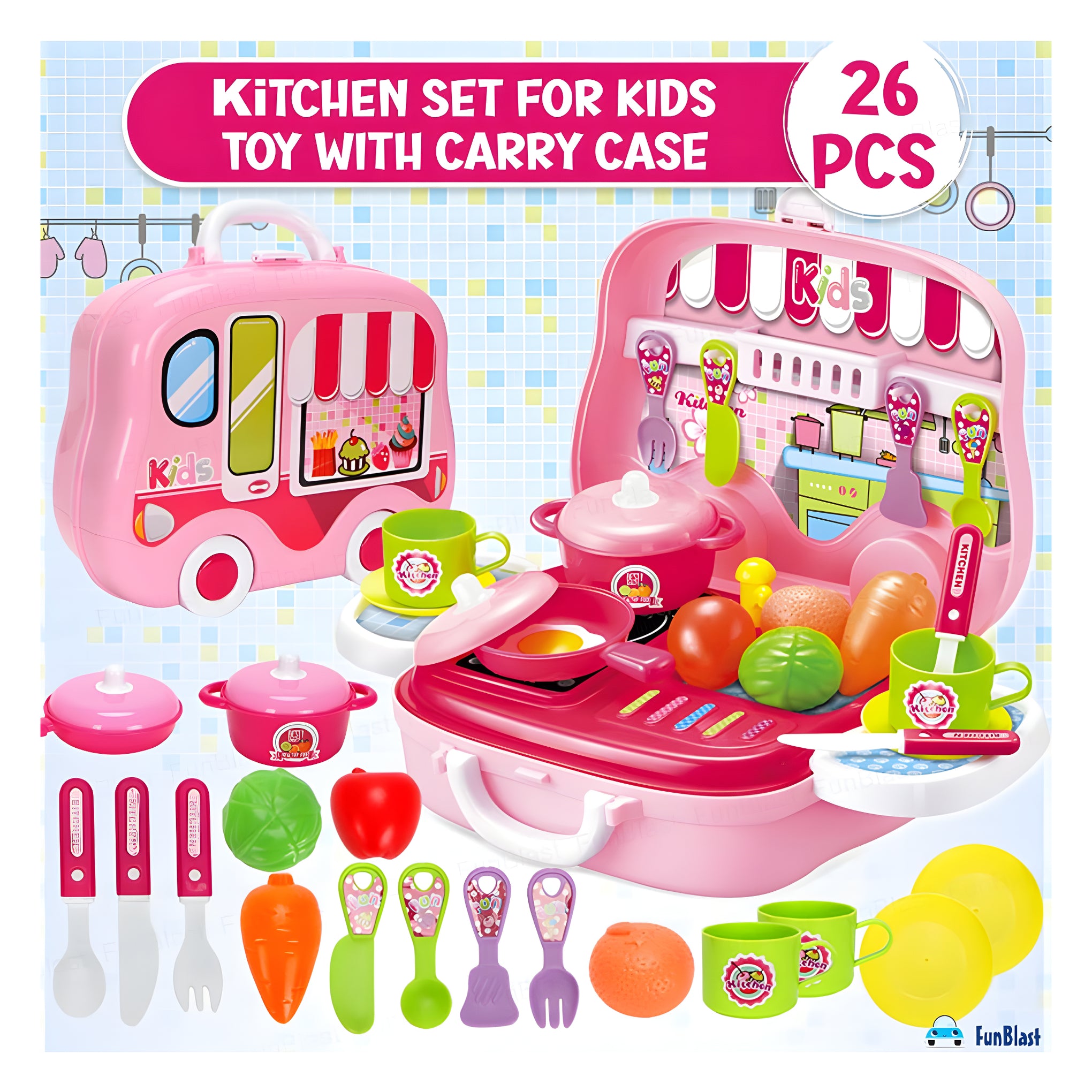 Kids Kitchen Playset with Carry Case – 26-Piece Pretend Cooking Toys for Boys & Girls – Role Play Chef Set for Toddlers and Children