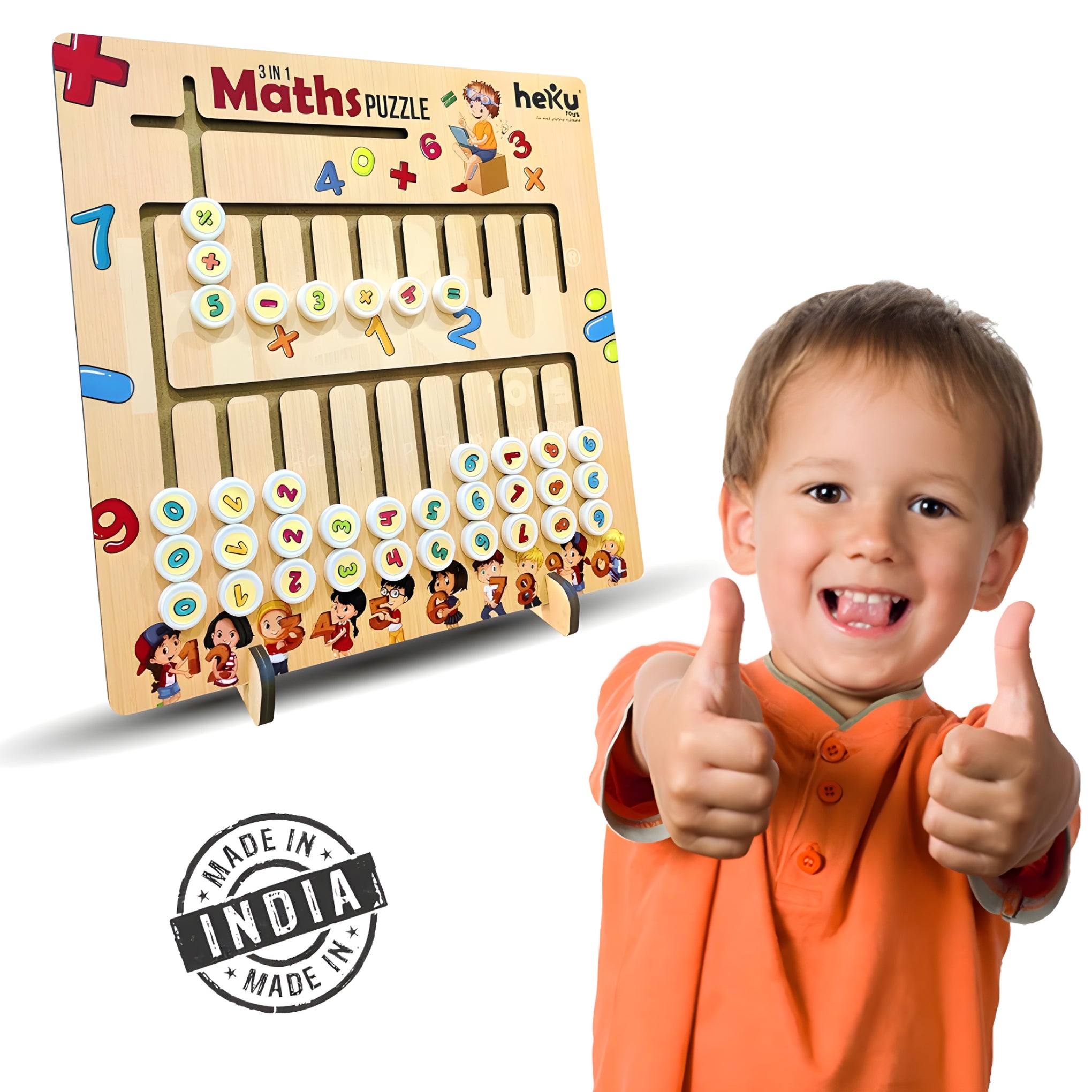 3-in-1 Wooden Maths Puzzle Board for Kids – Educational Learning Toy with Numbers, Symbols & Counting Discs – Montessori Style STEM Activity Game for Early Math Skills