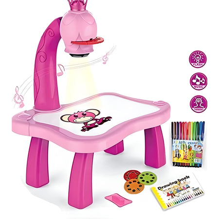 Kids Projector Drawing Table Set – Interactive Art & Tracing Toy with Lights, 24 Slide Patterns, Markers & Drawing Book