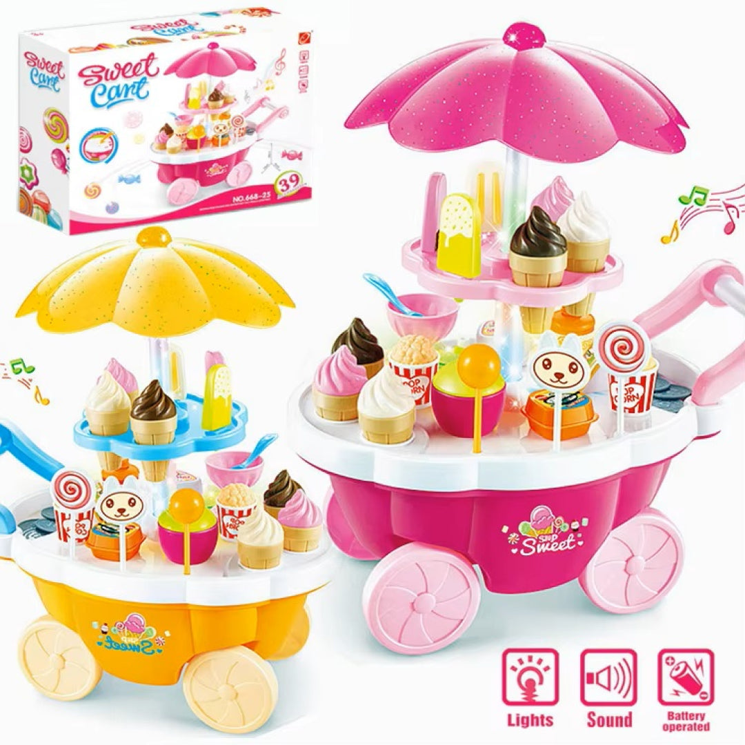 Sweet Cart Ice Cream Trolley Toy for Kids – 39 Accessories with Lights & Sound | Pretend Play Dessert Market Set