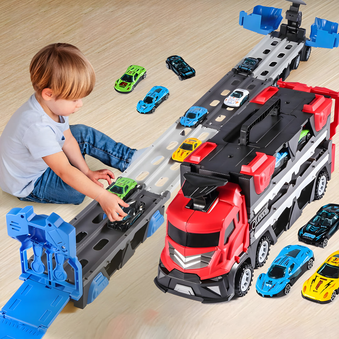 Mega Hauler Truck with Ejection Race Track – Convertible Transport Truck Toy with Cars, Launcher & Racing Track for Kids