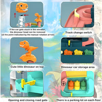 Dinosaur Parking Lot Toy Set – 7-Level Spiral Track with 7 Cars & Lights
