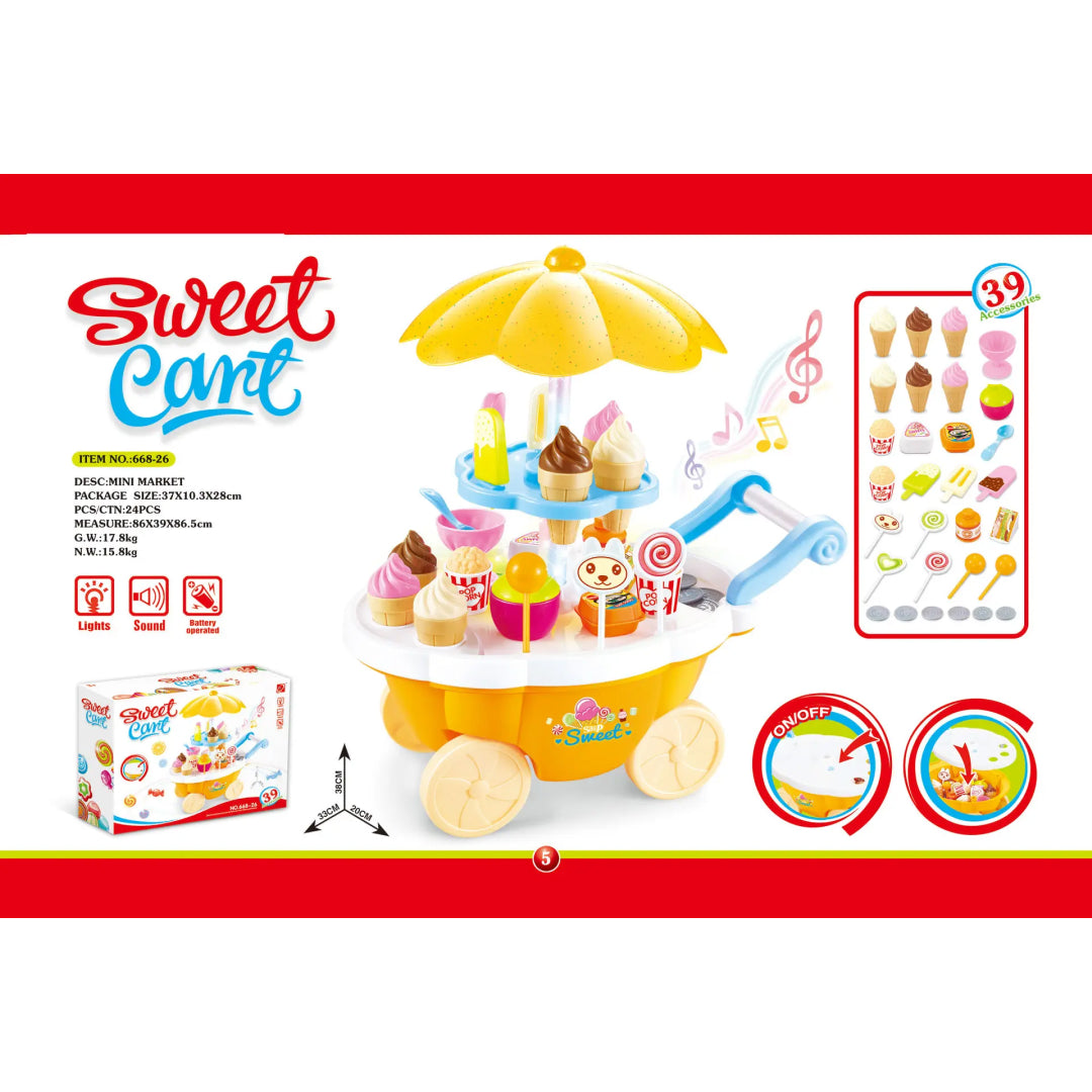 Sweet Cart Ice Cream Trolley Toy for Kids – 39 Accessories with Lights & Sound | Pretend Play Dessert Market Set