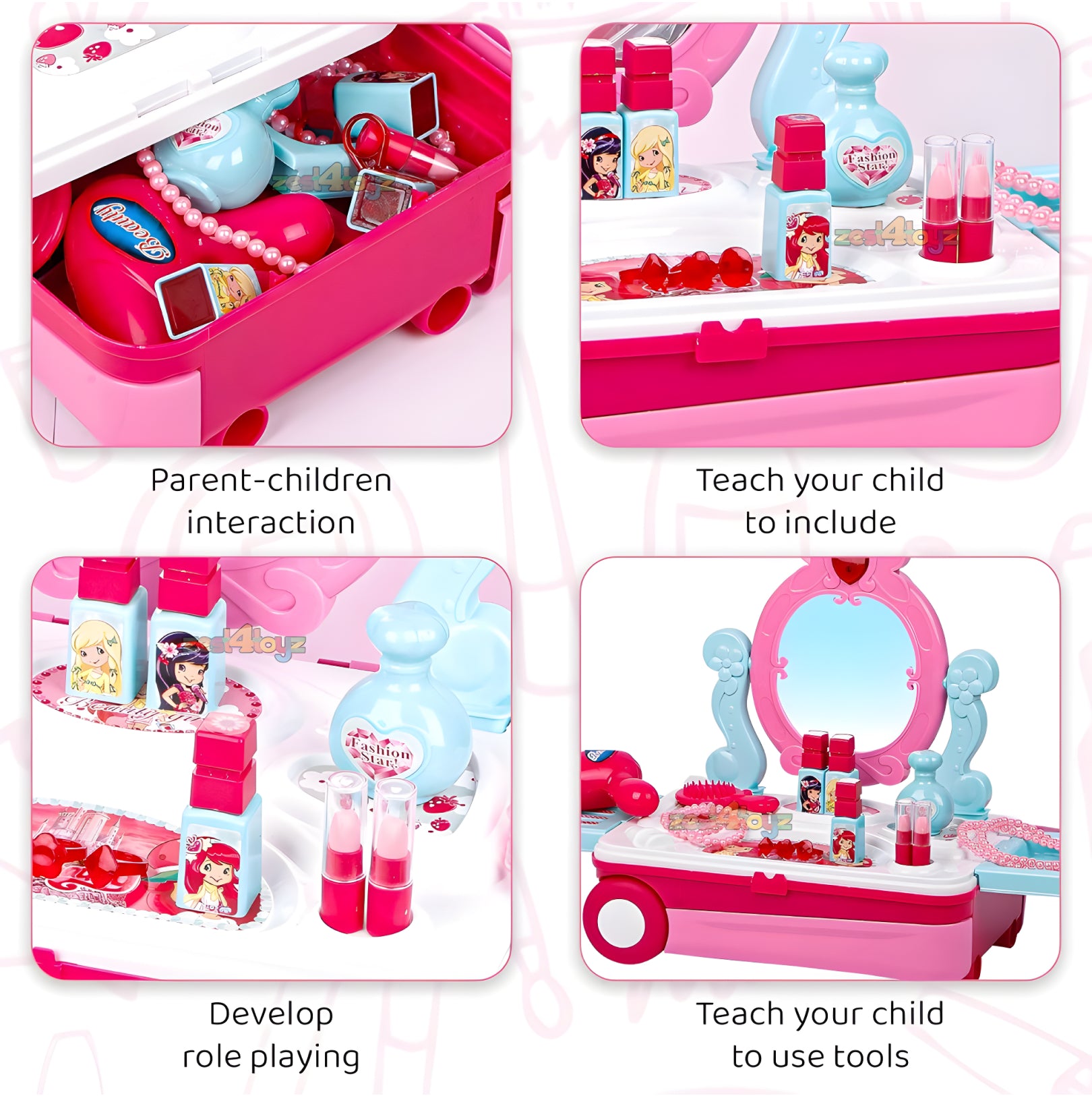 Beauty Makeup Kit for Girls – 2-in-1 Portable Vanity Trolley with 21 Accessories (Pink)