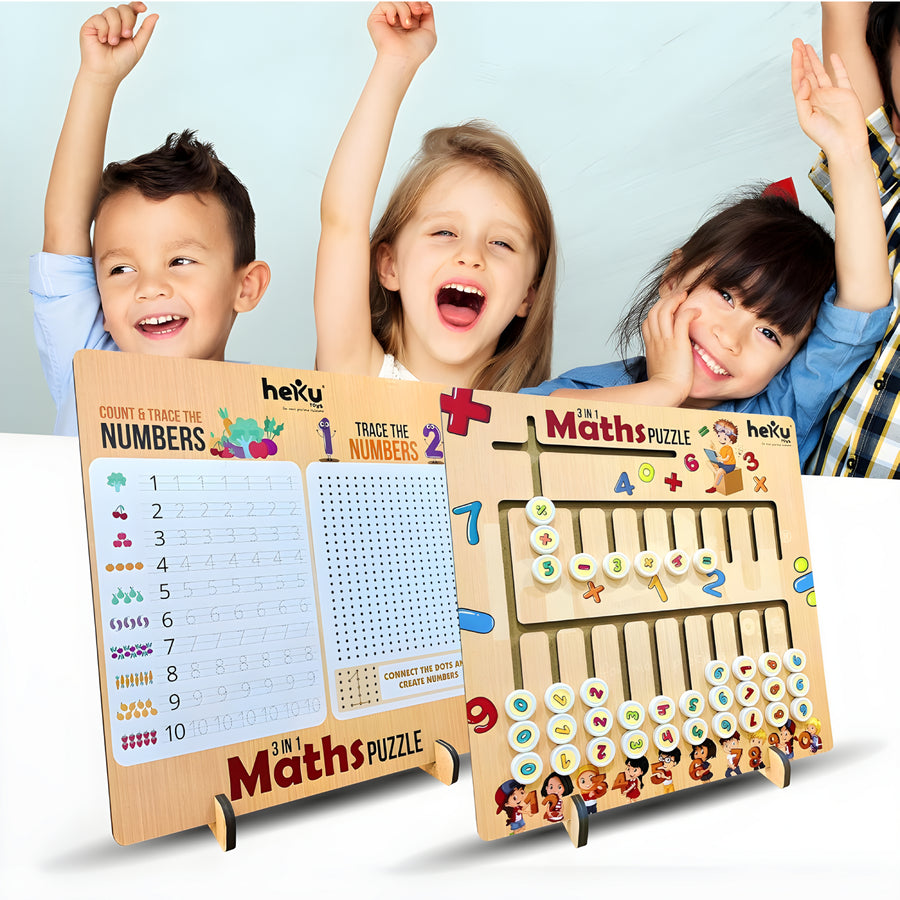 3-in-1 Wooden Maths Puzzle Board for Kids – Educational Learning Toy with Numbers, Symbols & Counting Discs – Montessori Style STEM Activity Game for Early Math Skills