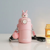 Stainless Steel Kawaii Bear Insulated Sipper for Kids | with Silicone Straw & Strap | Dual Sipper | 500ml
