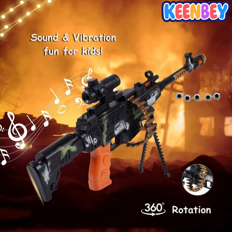 Musical Toy Machine Gun for Kids – LED Lights, Sounds, Removable Bullets, Retractable Barrel, Scope & Stand