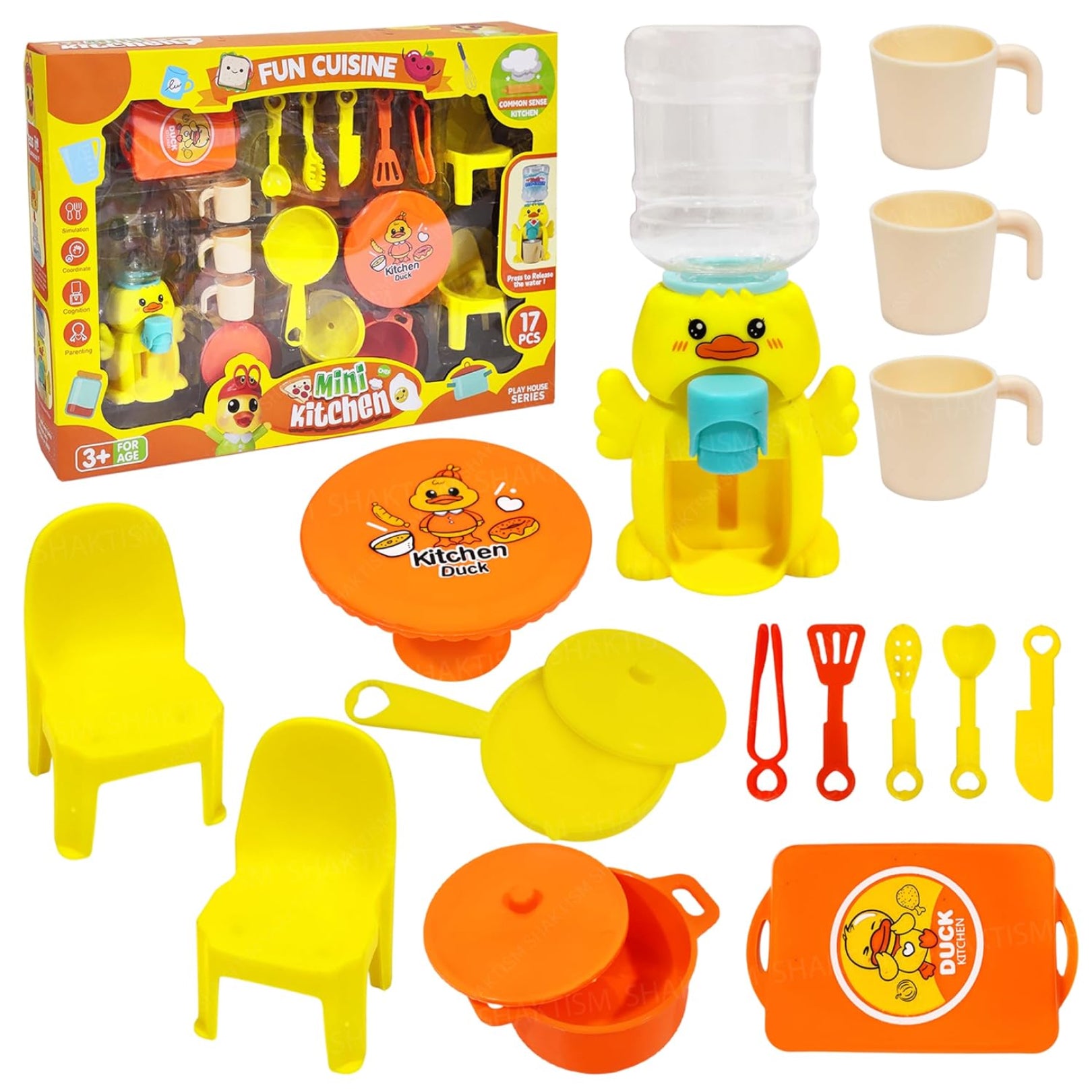 Mini Kitchen Duck Play Set – 17-Piece Pretend Cooking & Dining Toy Set with Water Dispenser, Table, Chairs & Utensils (Ages 3+)