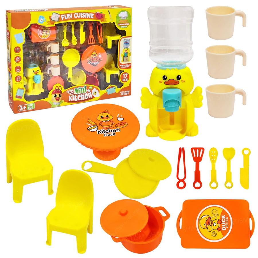 Mini Kitchen Duck Play Set – 17-Piece Pretend Cooking & Dining Toy Set with Water Dispenser, Table, Chairs & Utensils (Ages 3+)