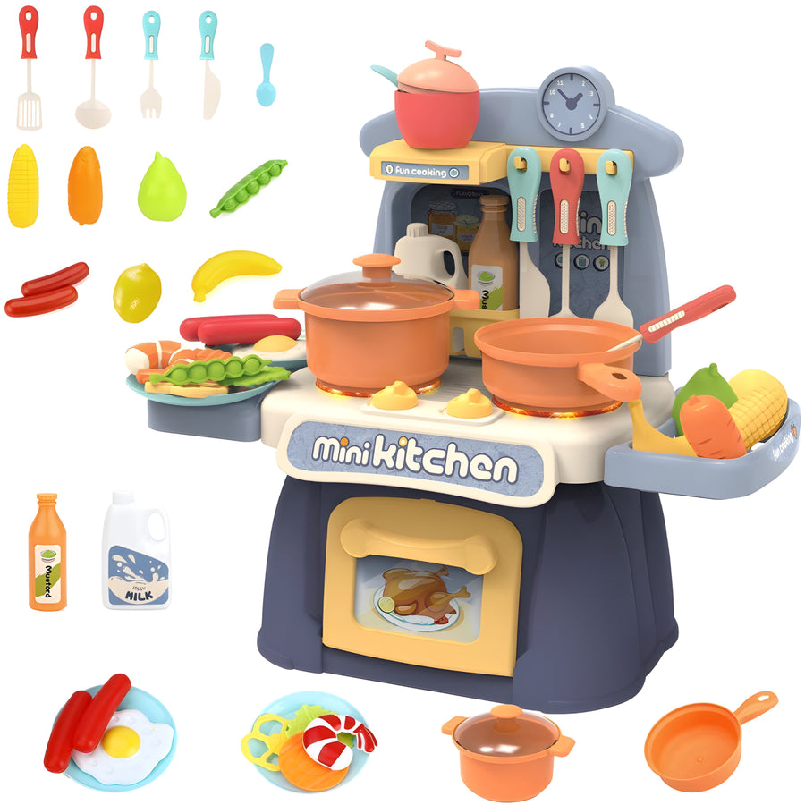 Kitchen Playset with Sound & Light – 26-Piece Mini Kitchen Set with Pretend Food, Chef Role Play & Accessories for Toddlers