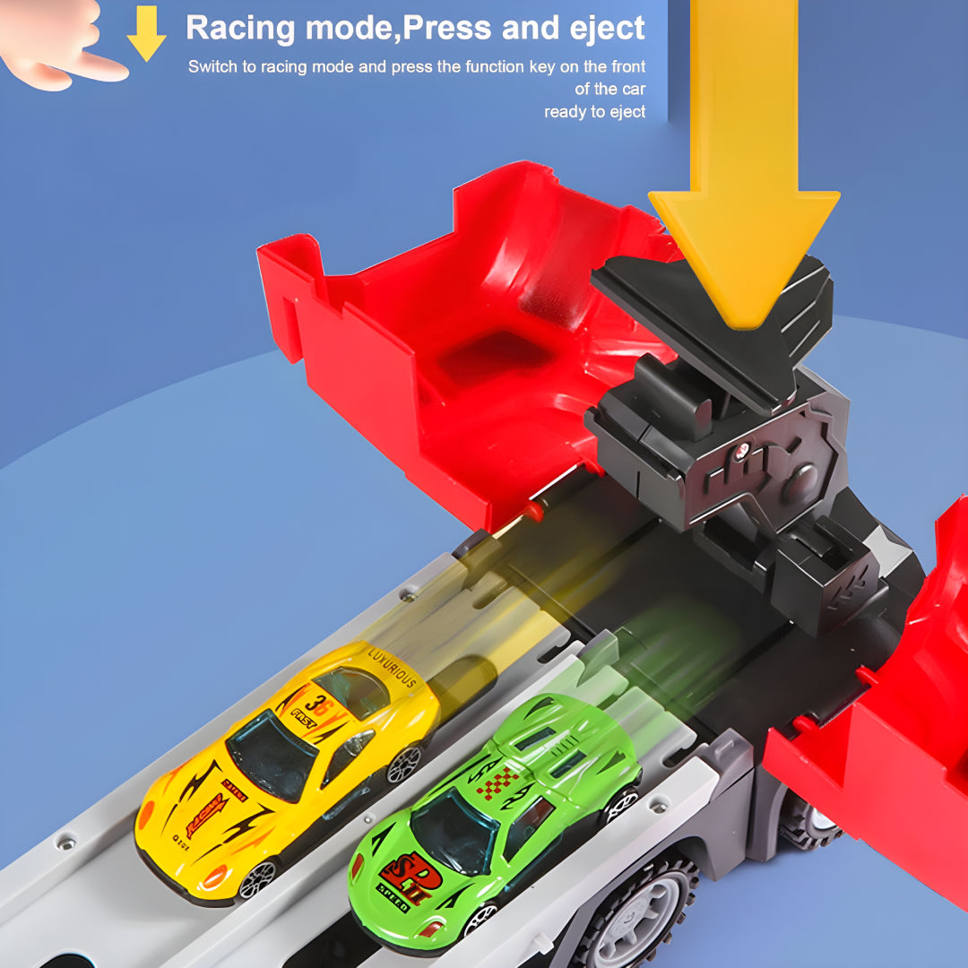 Mega Hauler Truck with Ejection Race Track – Convertible Transport Truck Toy with Cars, Launcher & Racing Track for Kids